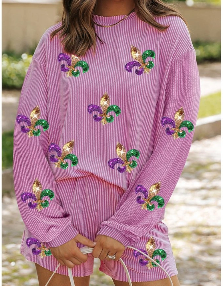 Phalaenopsis Mardi Gras Fleur de Lis Patched Corded Long Sleeve Top and Shorts