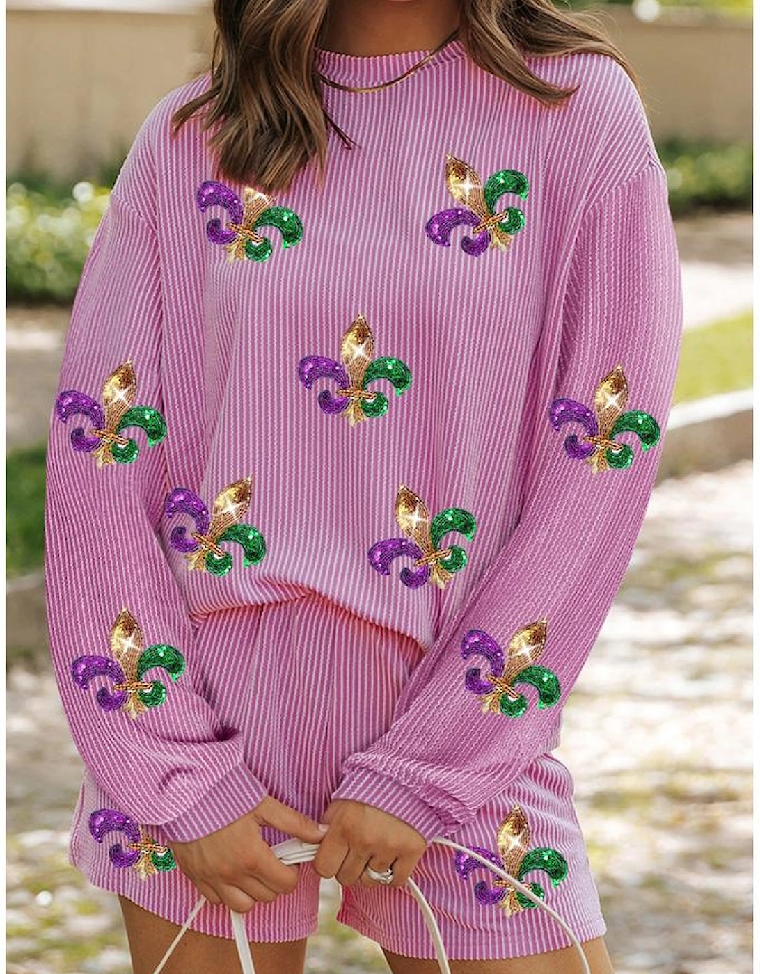 Phalaenopsis Mardi Gras Fleur de Lis Patched Corded Long Sleeve Top and Shorts, 5 of 4