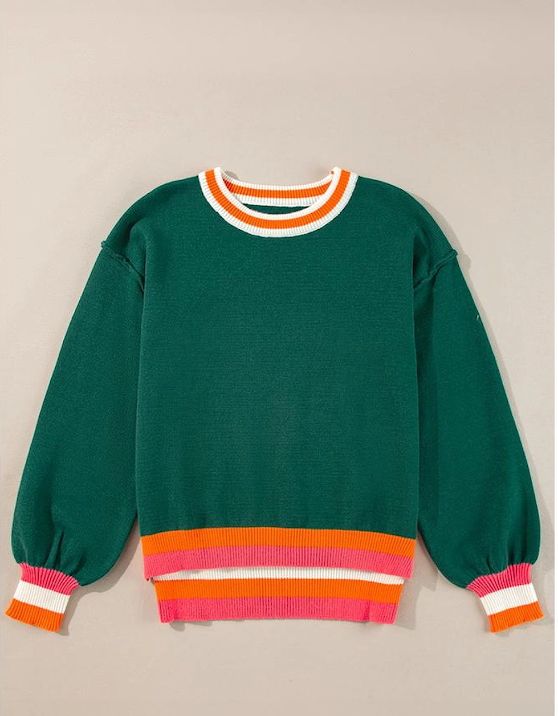 Blackish Green Colorblock Striped Trim Drop Shoulder Sweater
