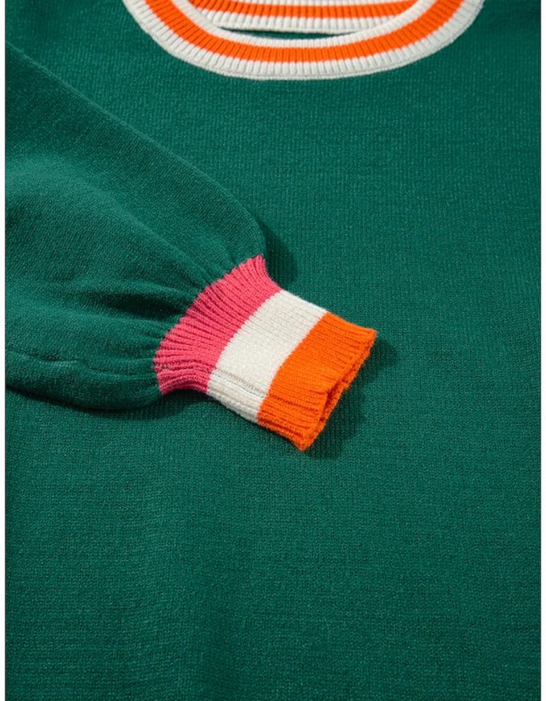 Blackish Green Colorblock Striped Trim Drop Shoulder Sweater