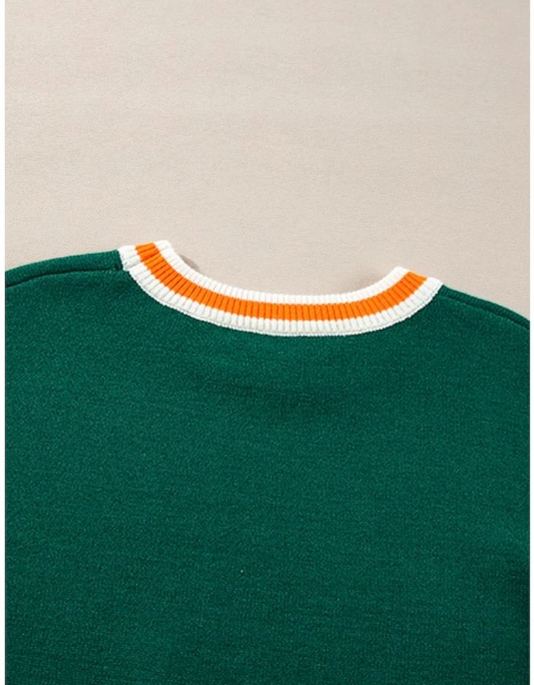 Blackish Green Colorblock Striped Trim Drop Shoulder Sweater