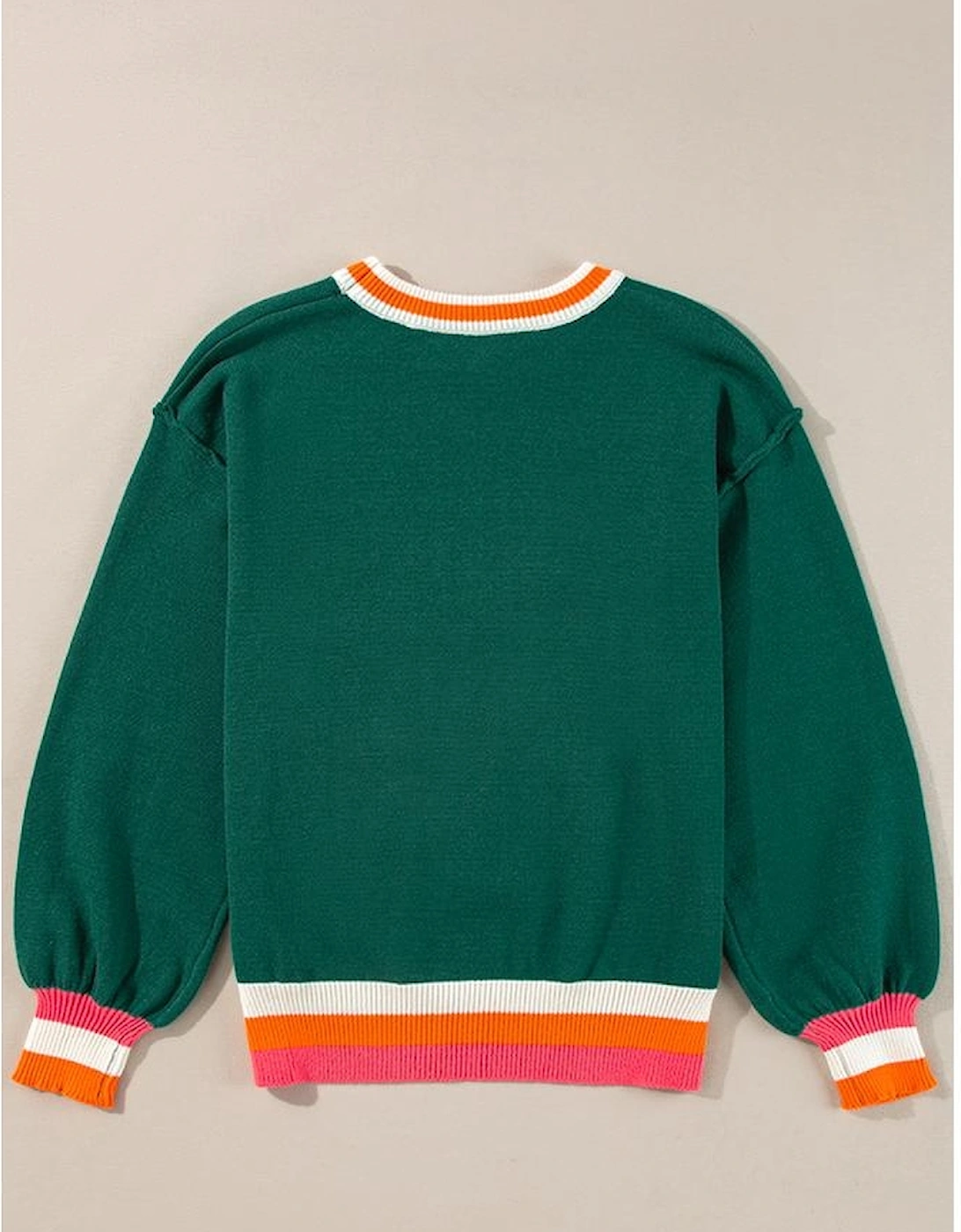 Blackish Green Colorblock Striped Trim Drop Shoulder Sweater