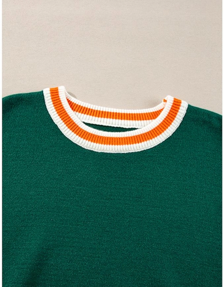 Blackish Green Colorblock Striped Trim Drop Shoulder Sweater