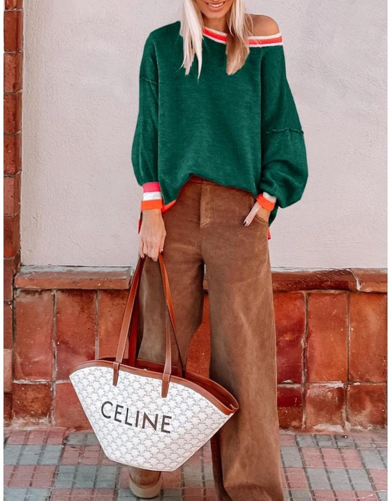 Blackish Green Colorblock Striped Trim Drop Shoulder Sweater