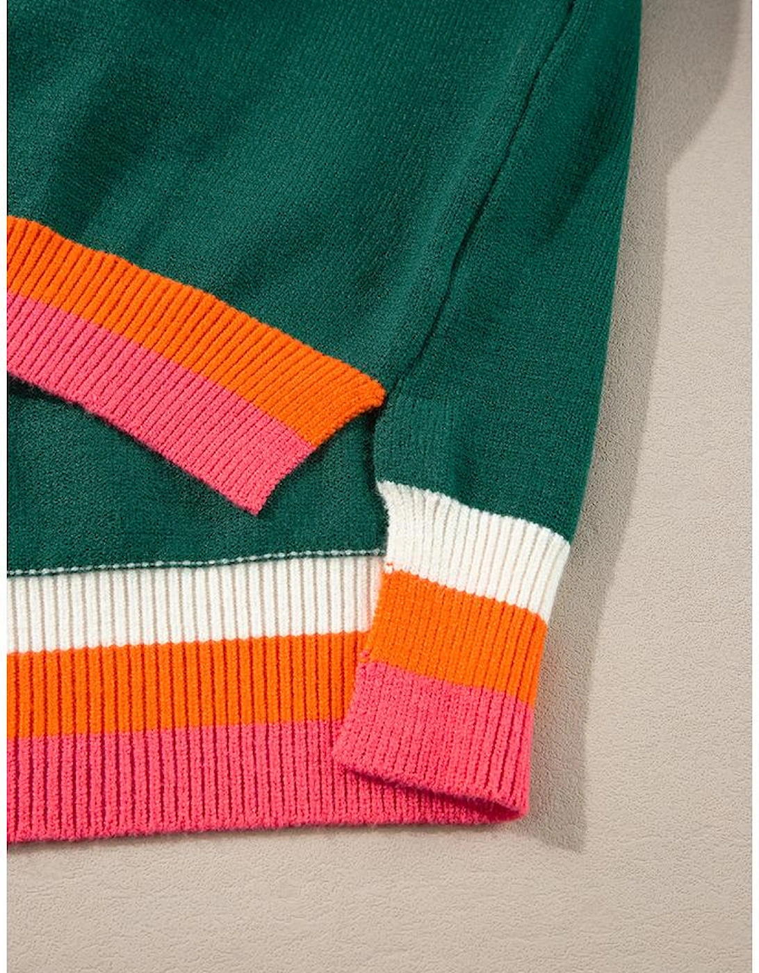 Blackish Green Colorblock Striped Trim Drop Shoulder Sweater