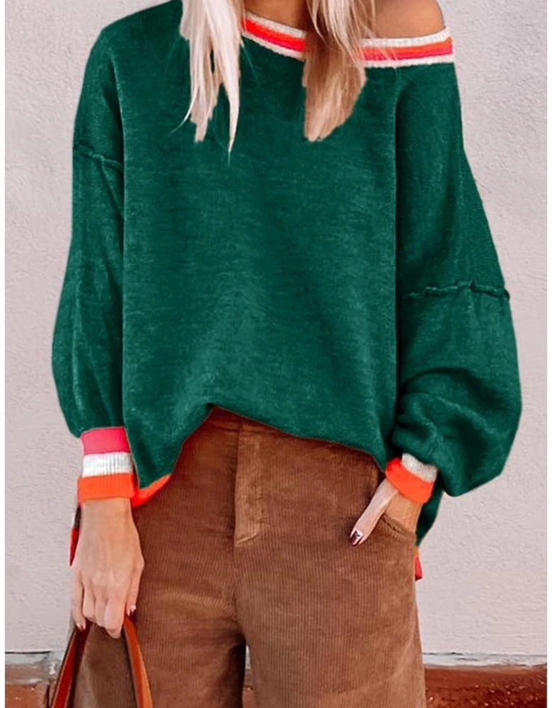 Blackish Green Colorblock Striped Trim Drop Shoulder Sweater