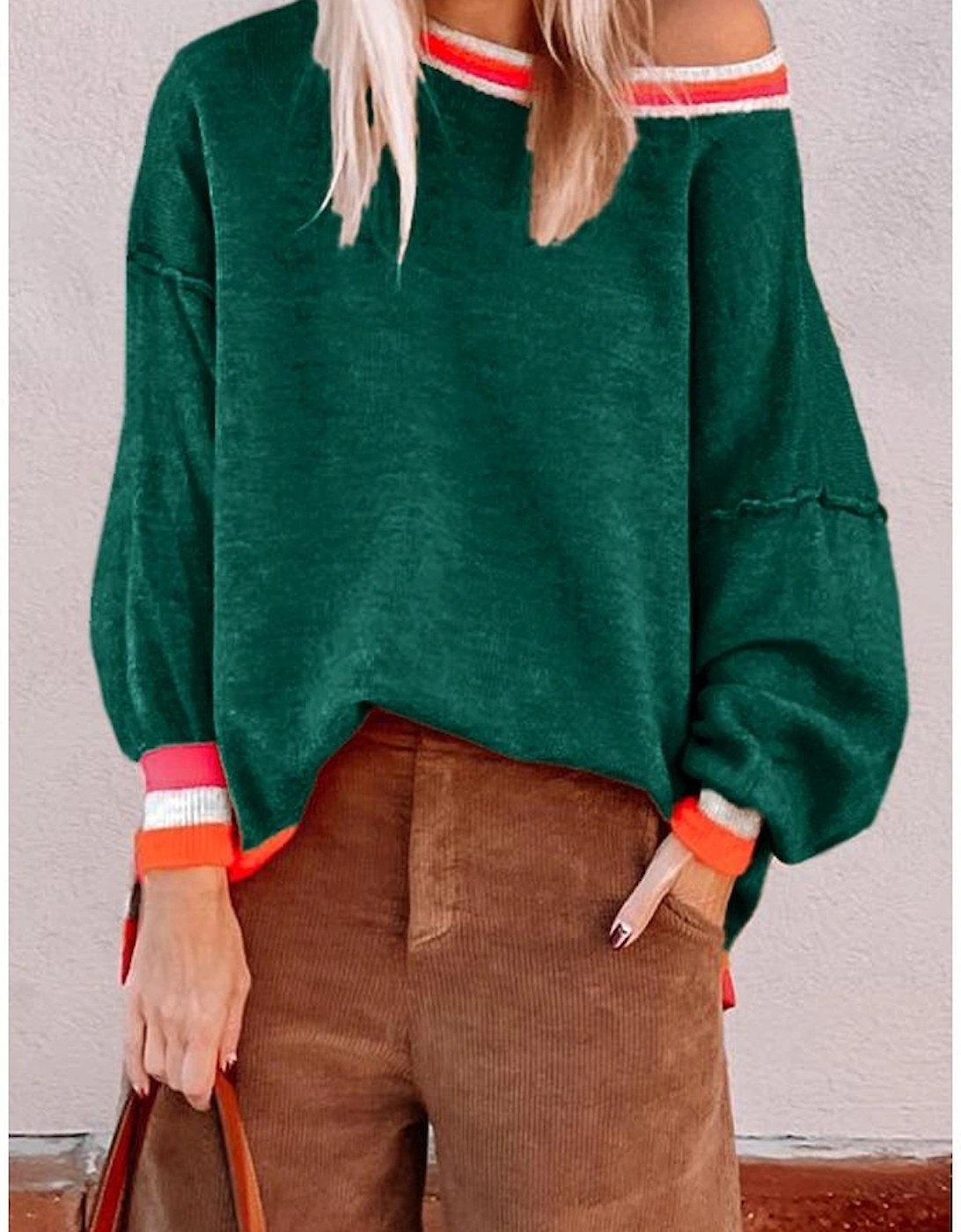 Blackish Green Colorblock Striped Trim Drop Shoulder Sweater