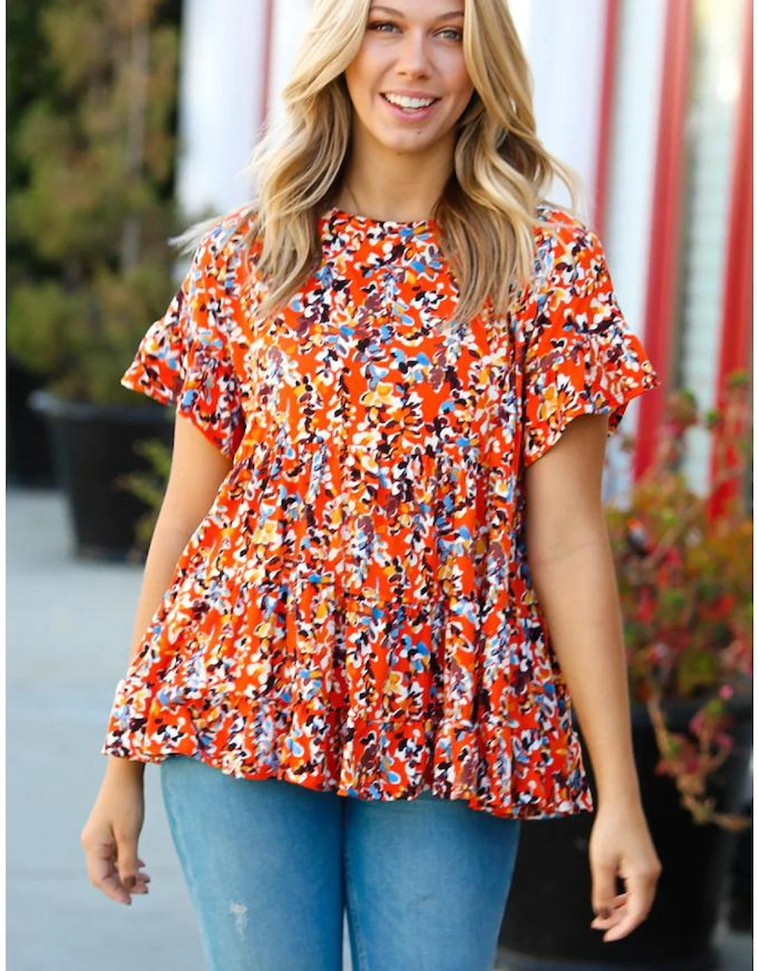 Orange Floral Printed Ruffle Sleeve Curvy Babydoll Blouse