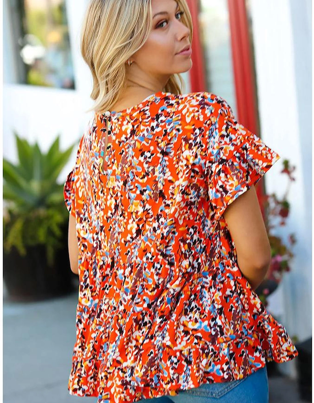 Orange Floral Printed Ruffle Sleeve Curvy Babydoll Blouse