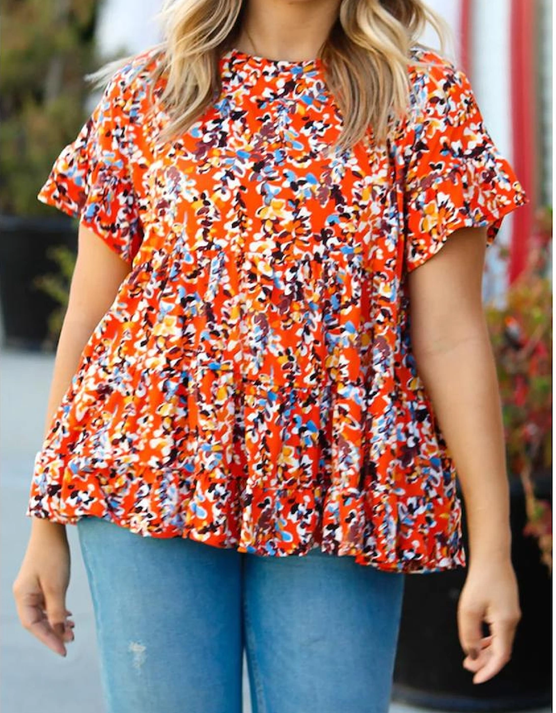 Orange Floral Printed Ruffle Sleeve Curvy Babydoll Blouse, 4 of 3