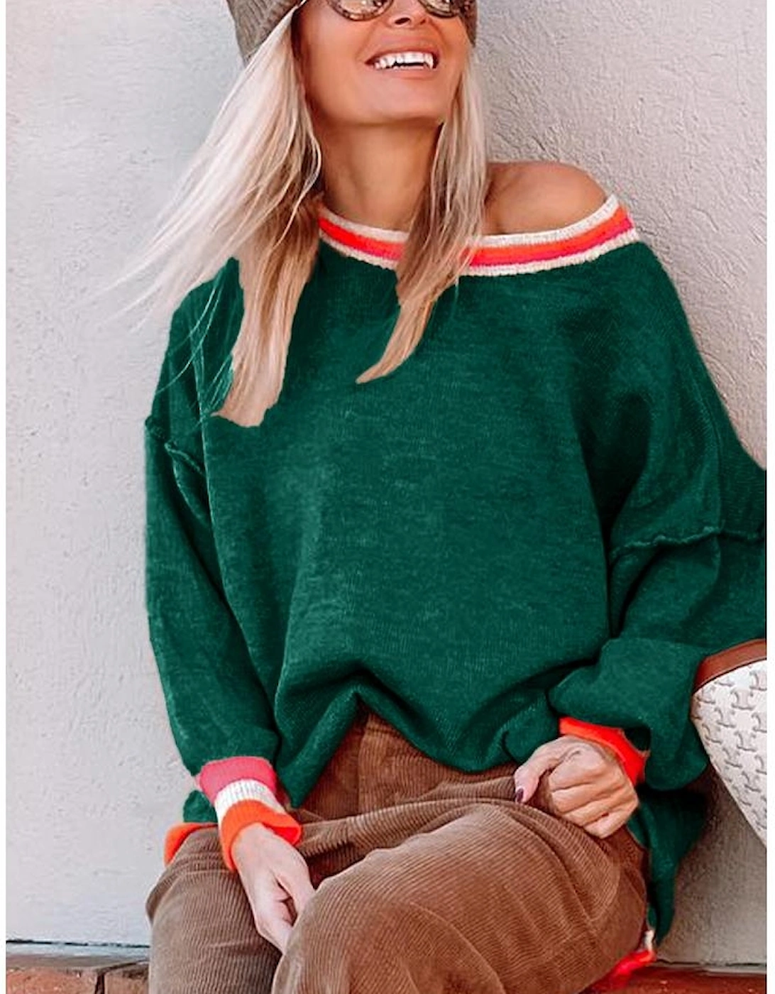 Blackish Green Colorblock Striped Trim Drop Shoulder Sweater