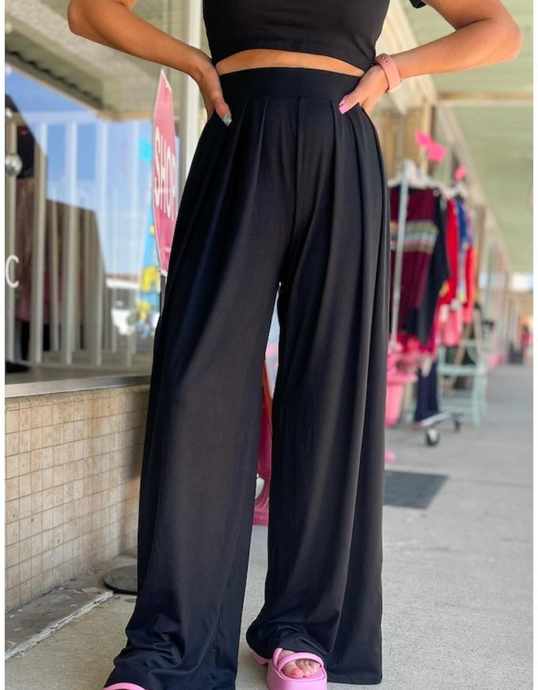 Black Slim Fit Crop Top and Pleated Wide Leg Pants Set