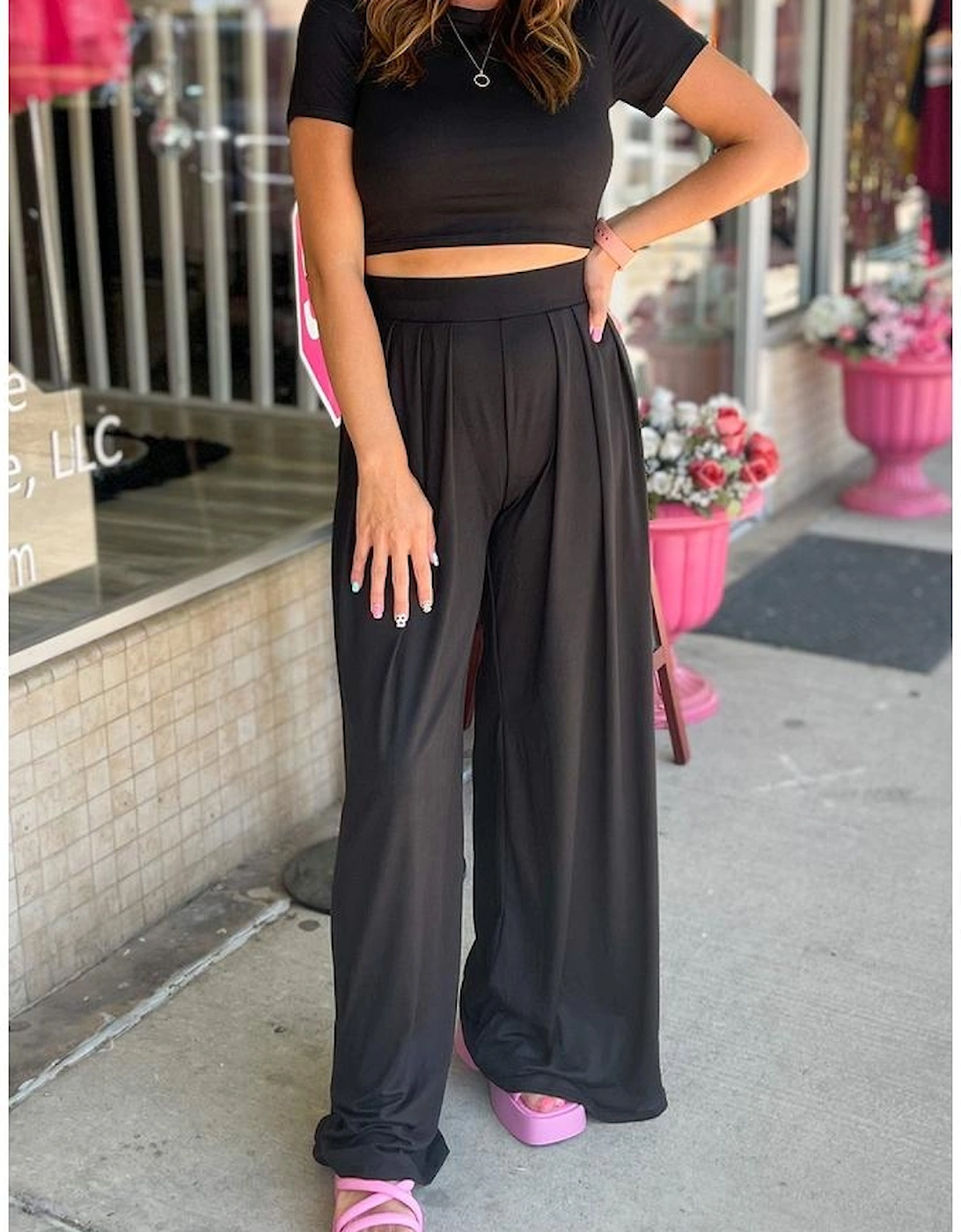 Black Slim Fit Crop Top and Pleated Wide Leg Pants Set