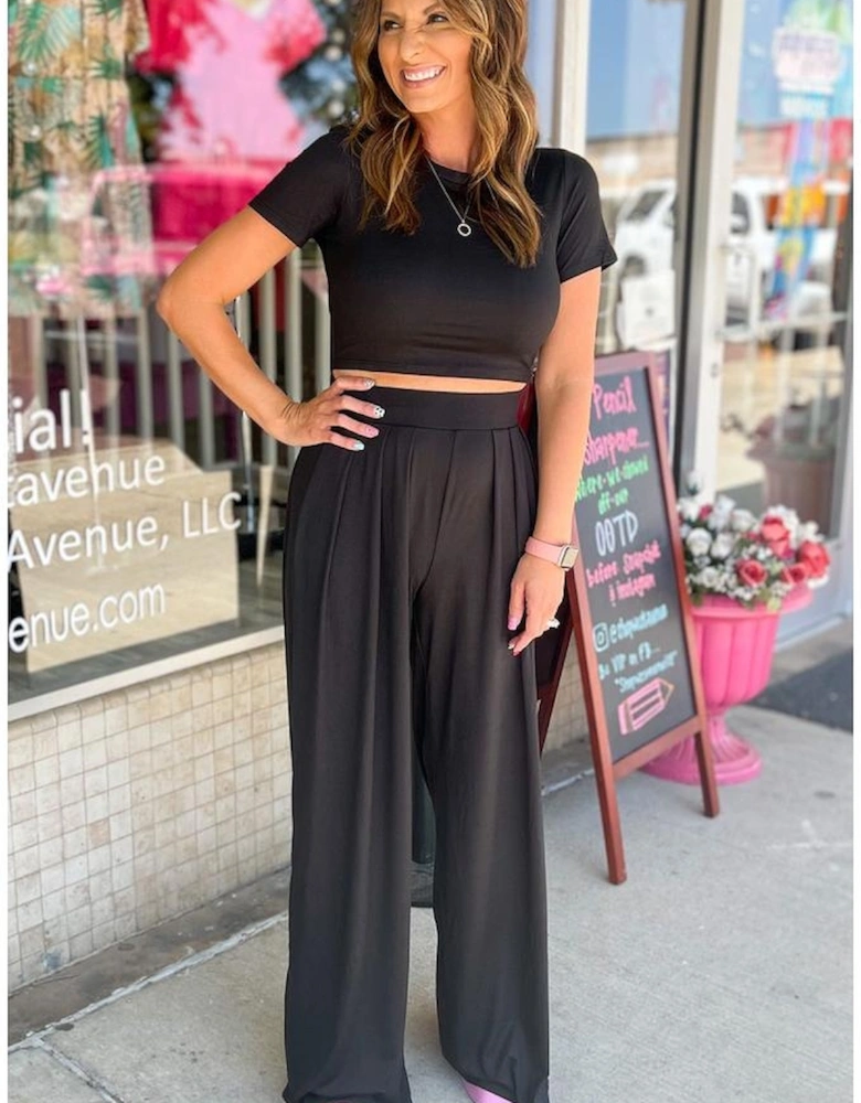 Black Slim Fit Crop Top and Pleated Wide Leg Pants Set