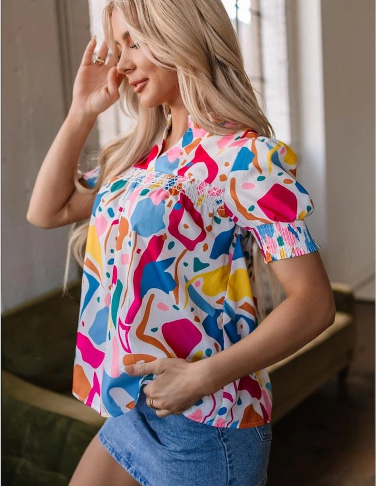 Multicolour Abstract Print Lace Detail Shirred Short Sleeve Split Neck Blouse