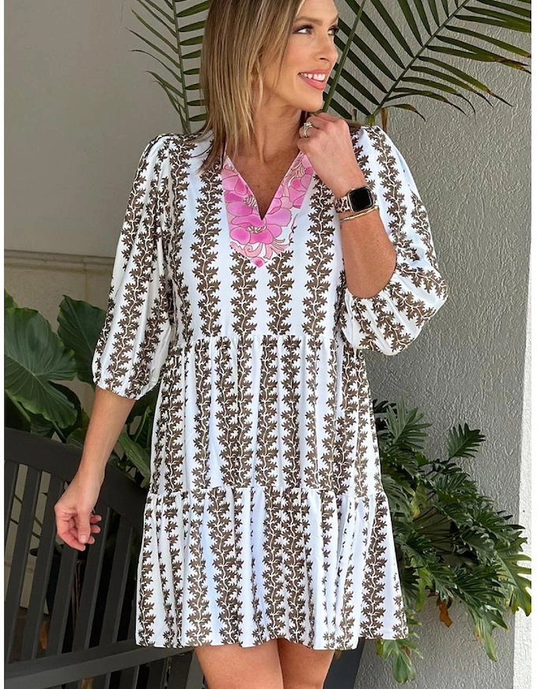 Black Contrast Floral V Neck Printed Bracelet Sleeve Dress, 16 of 15