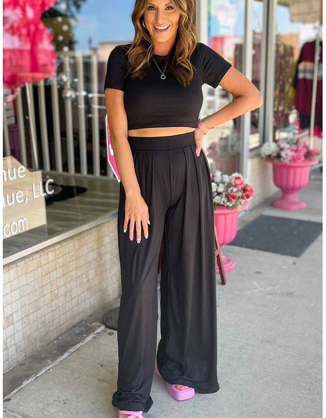 Black Slim Fit Crop Top and Pleated Wide Leg Pants Set