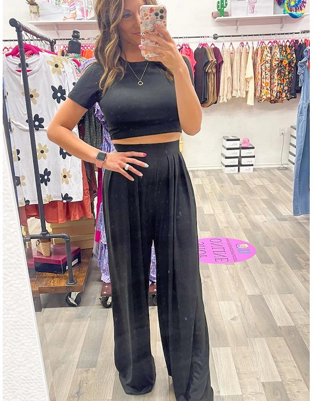 Black Slim Fit Crop Top and Pleated Wide Leg Pants Set