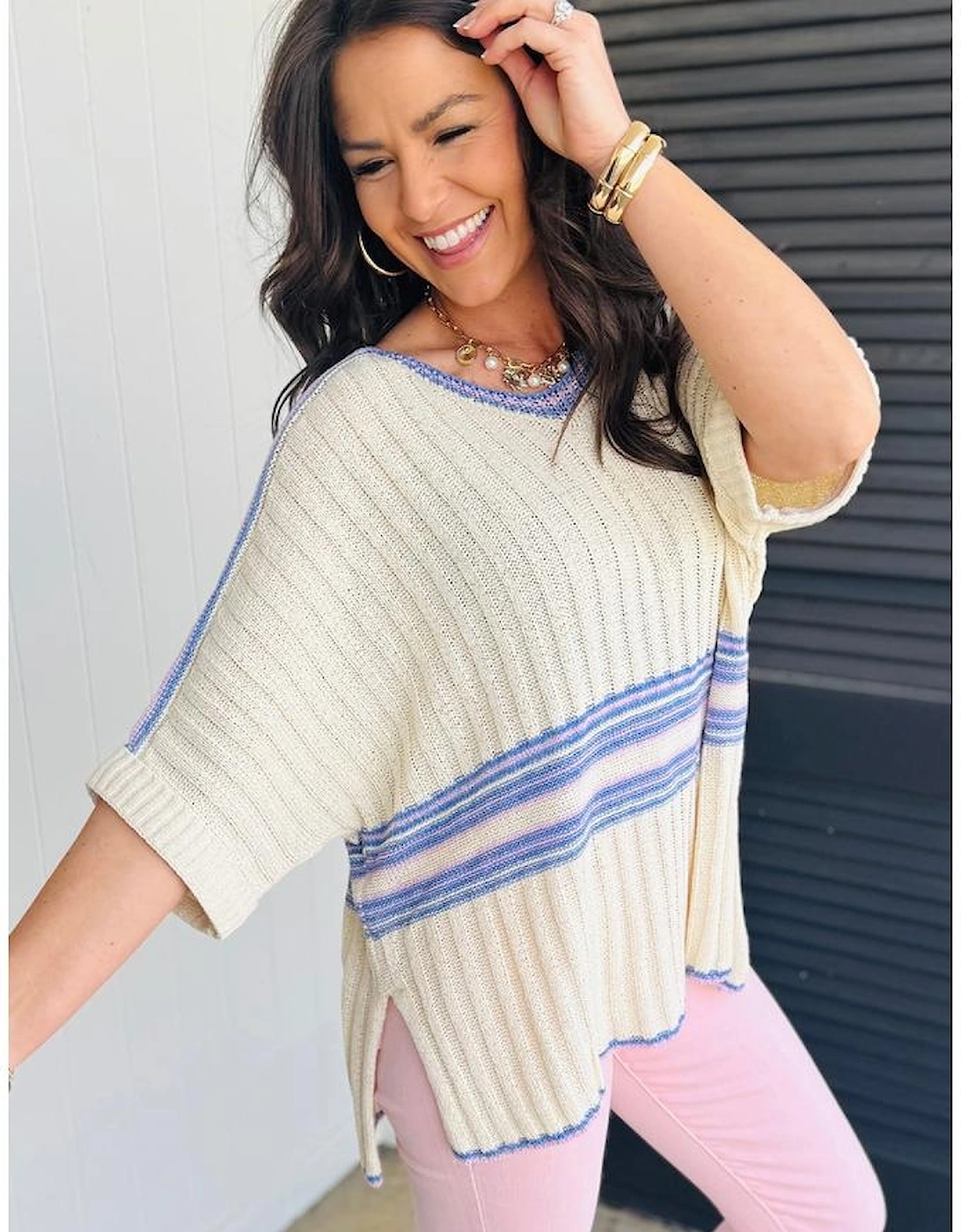 White Striped V Neck Dolman Sleeve Rib Knit Oversized Sweater with Slits, 5 of 4