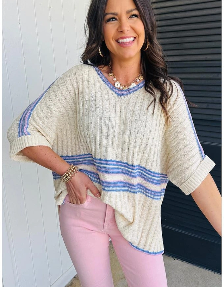 White Striped V Neck Dolman Sleeve Rib Knit Oversized Sweater with Slits