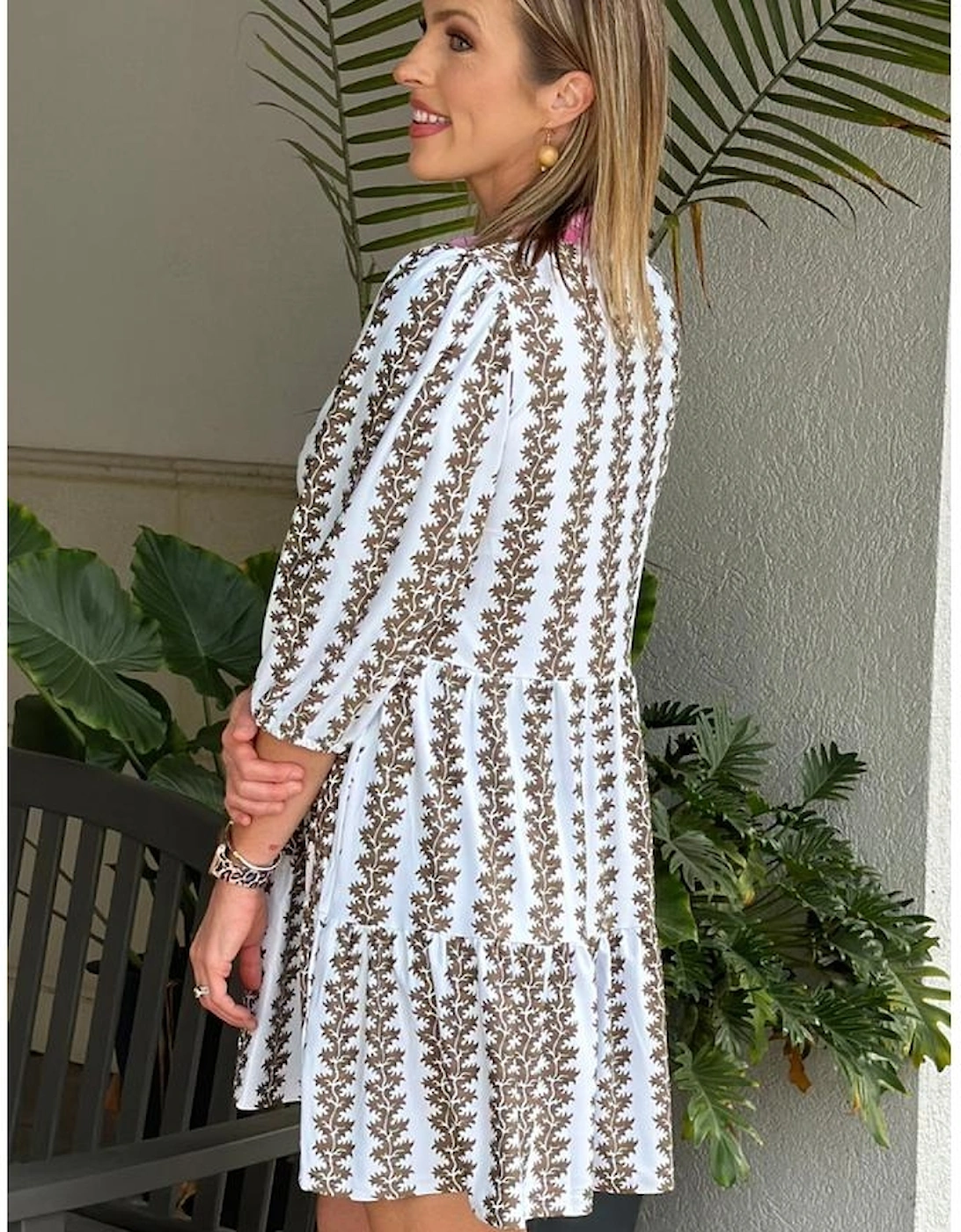 Black Contrast Floral V Neck Printed Bracelet Sleeve Dress