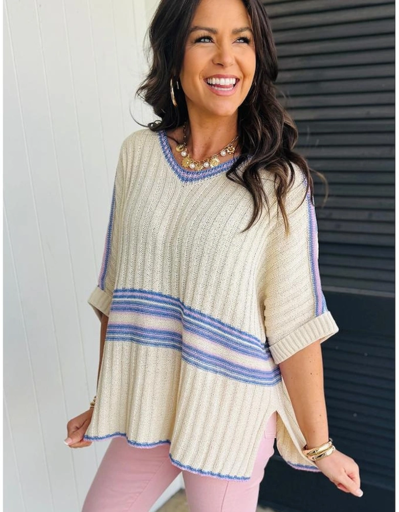 White Striped V Neck Dolman Sleeve Rib Knit Oversized Sweater with Slits