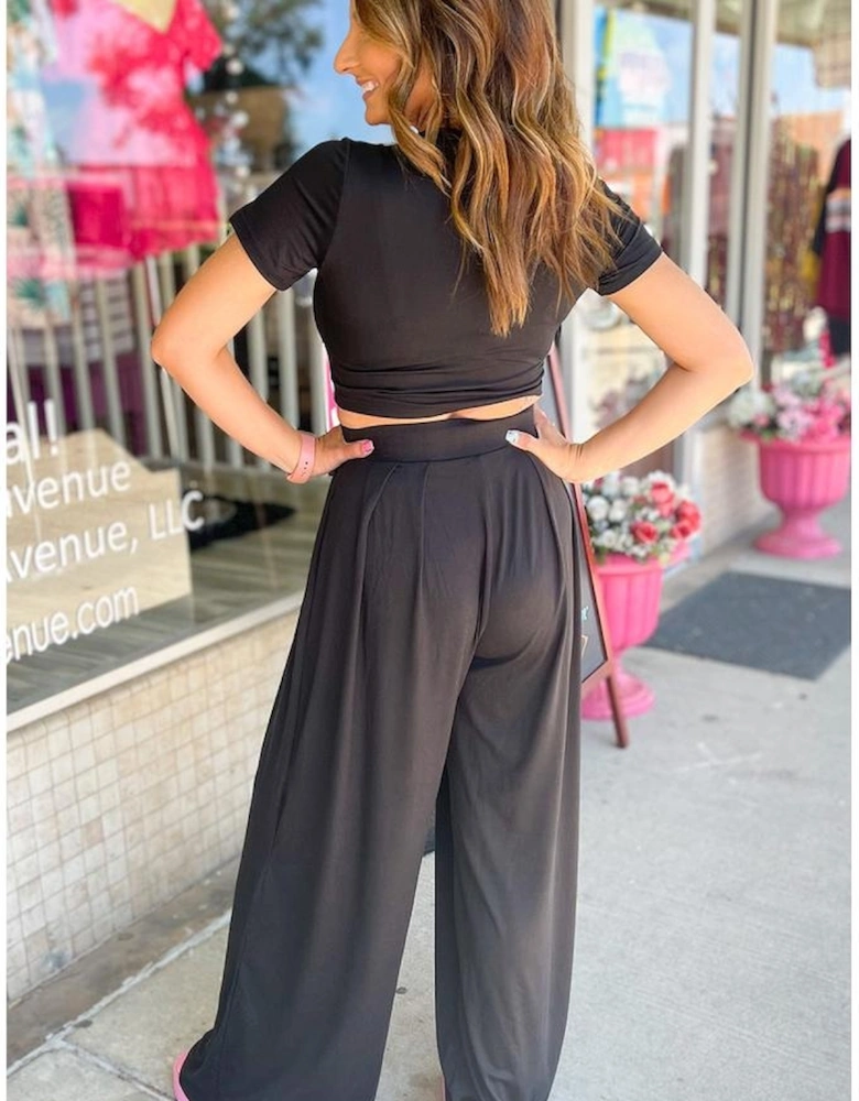 Black Slim Fit Crop Top and Pleated Wide Leg Pants Set