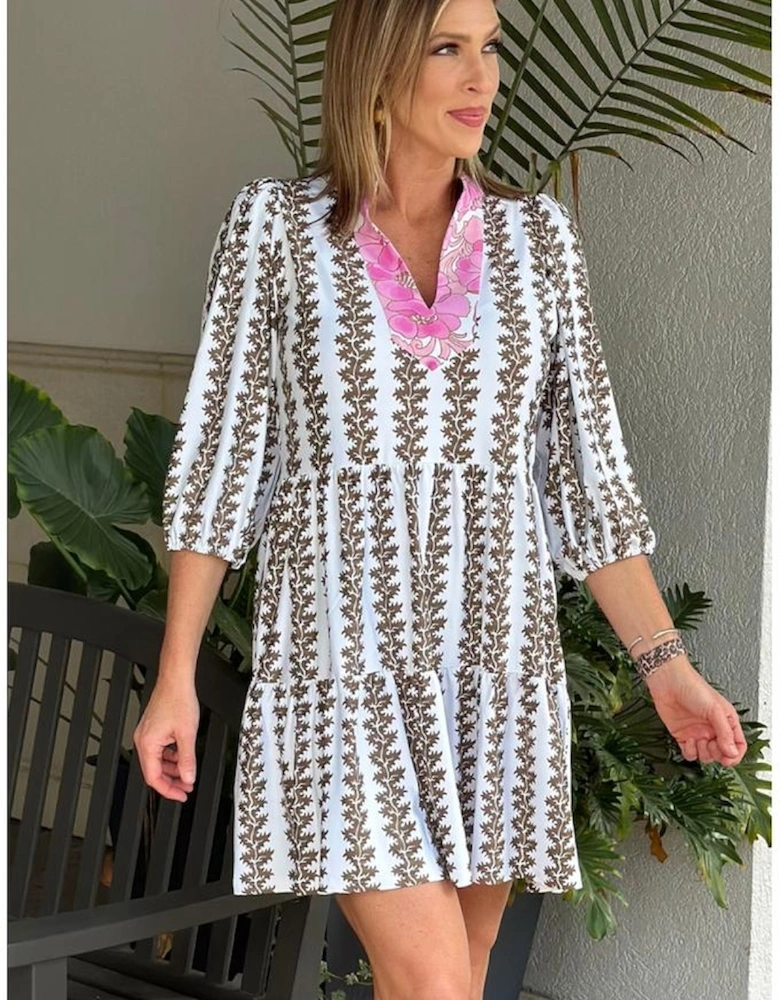 Black Contrast Floral V Neck Printed Bracelet Sleeve Dress