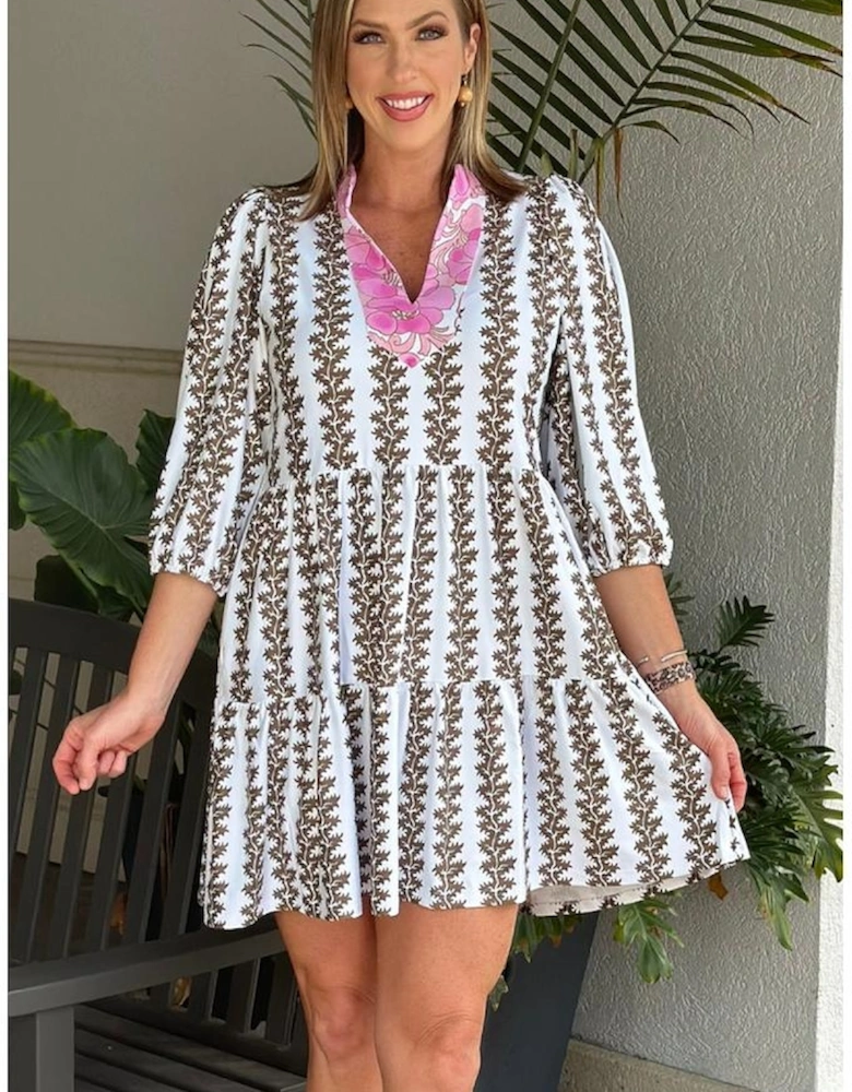 Black Contrast Floral V Neck Printed Bracelet Sleeve Dress