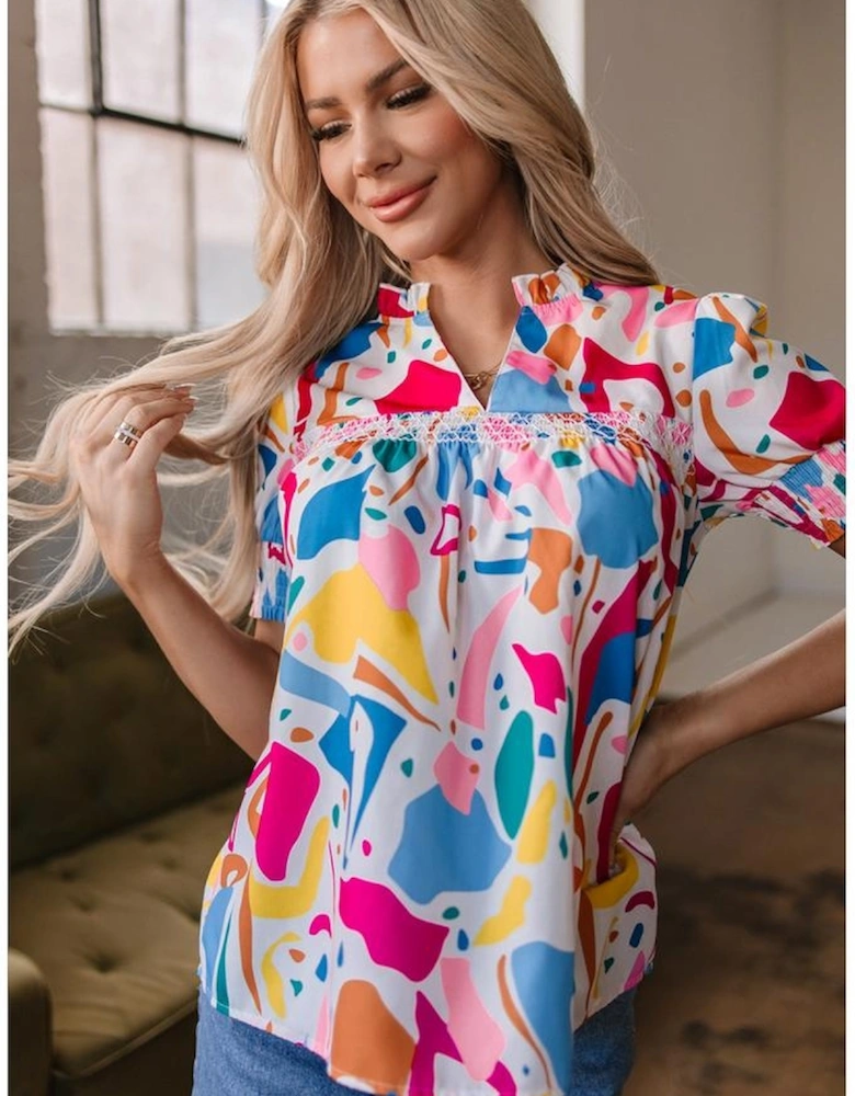 Multicolour Abstract Print Lace Detail Shirred Short Sleeve Split Neck Blouse