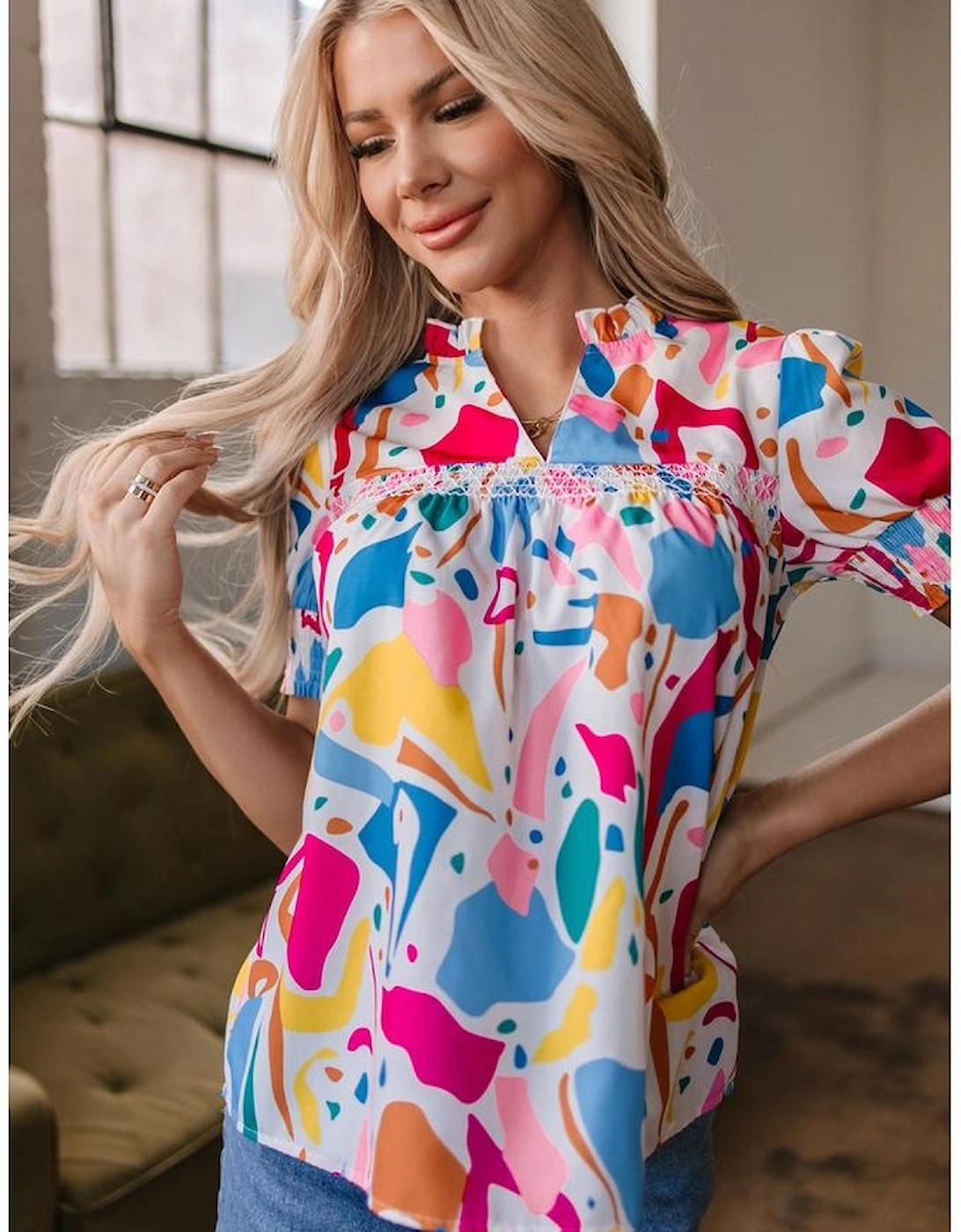 Multicolour Abstract Print Lace Detail Shirred Short Sleeve Split Neck Blouse