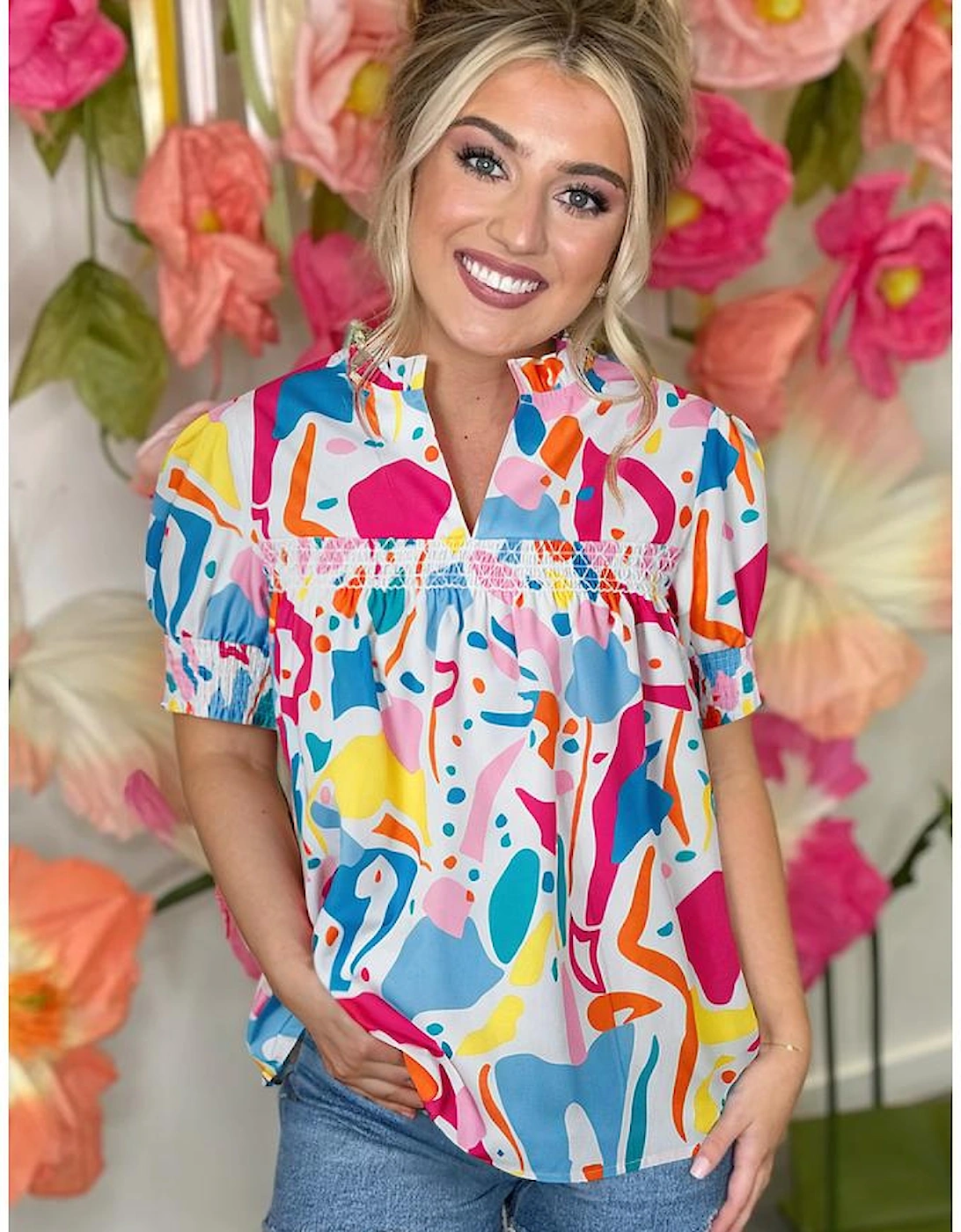 Multicolour Abstract Print Lace Detail Shirred Short Sleeve Split Neck Blouse