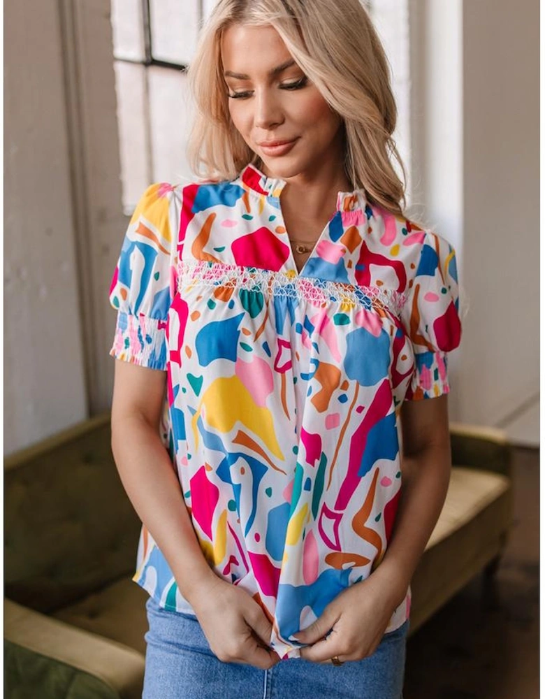 Multicolour Abstract Print Lace Detail Shirred Short Sleeve Split Neck Blouse