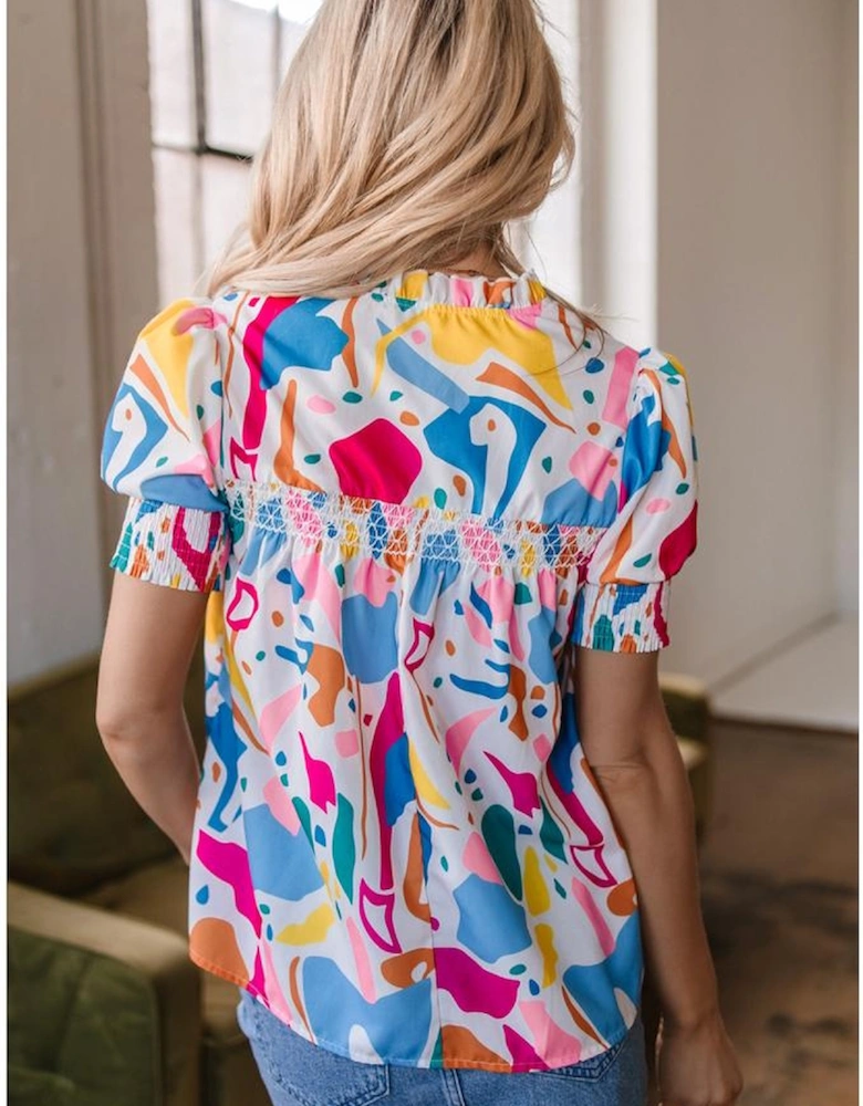 Multicolour Abstract Print Lace Detail Shirred Short Sleeve Split Neck Blouse