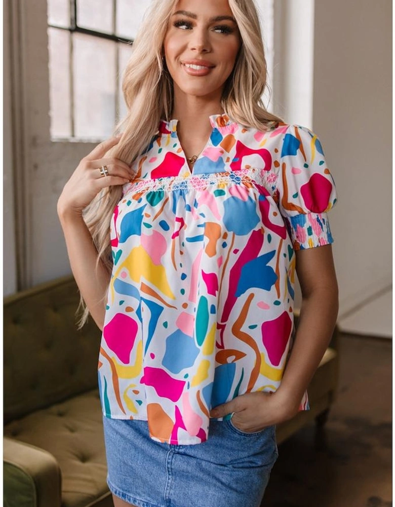 Multicolour Abstract Print Lace Detail Shirred Short Sleeve Split Neck Blouse