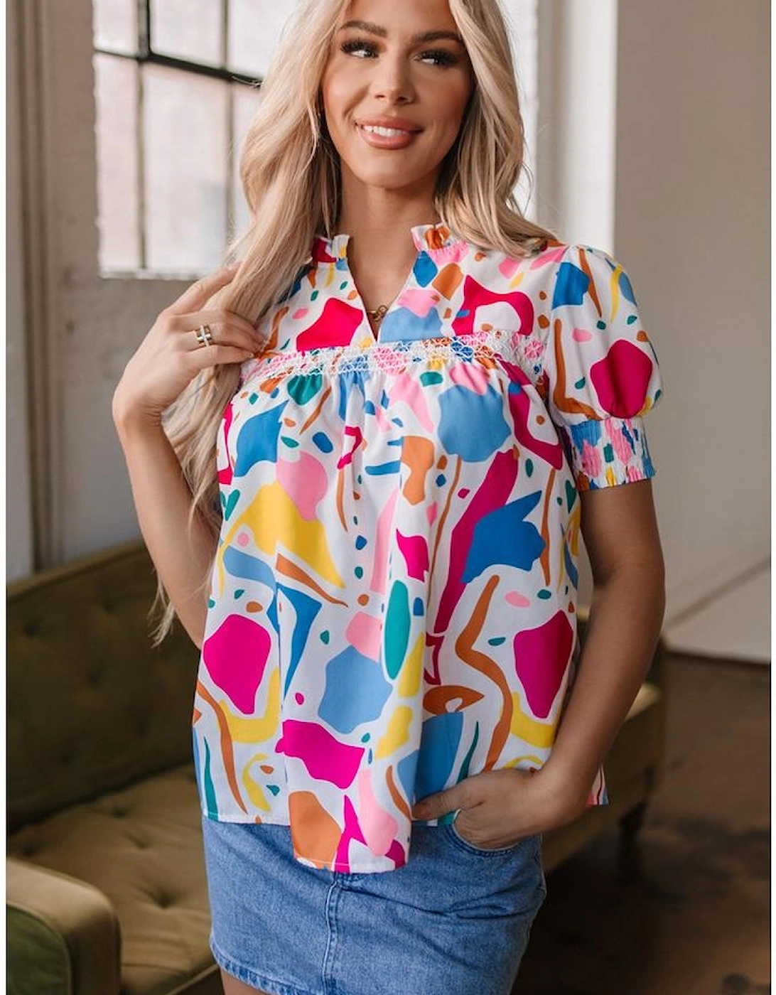 Multicolour Abstract Print Lace Detail Shirred Short Sleeve Split Neck Blouse