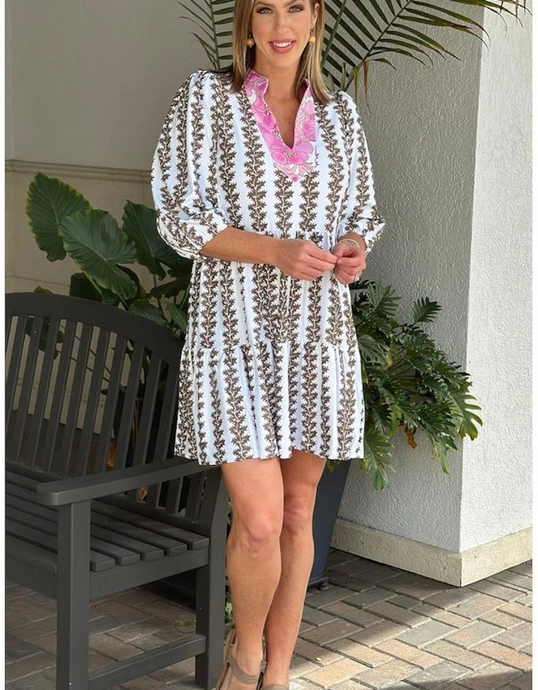 Black Contrast Floral V Neck Printed Bracelet Sleeve Dress