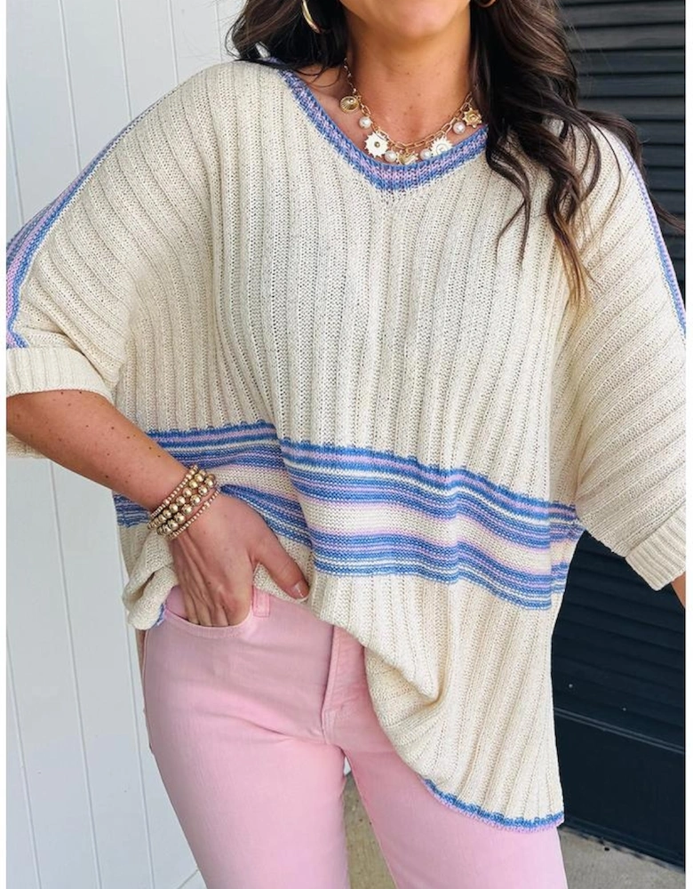 White Striped V Neck Dolman Sleeve Rib Knit Oversized Sweater with Slits