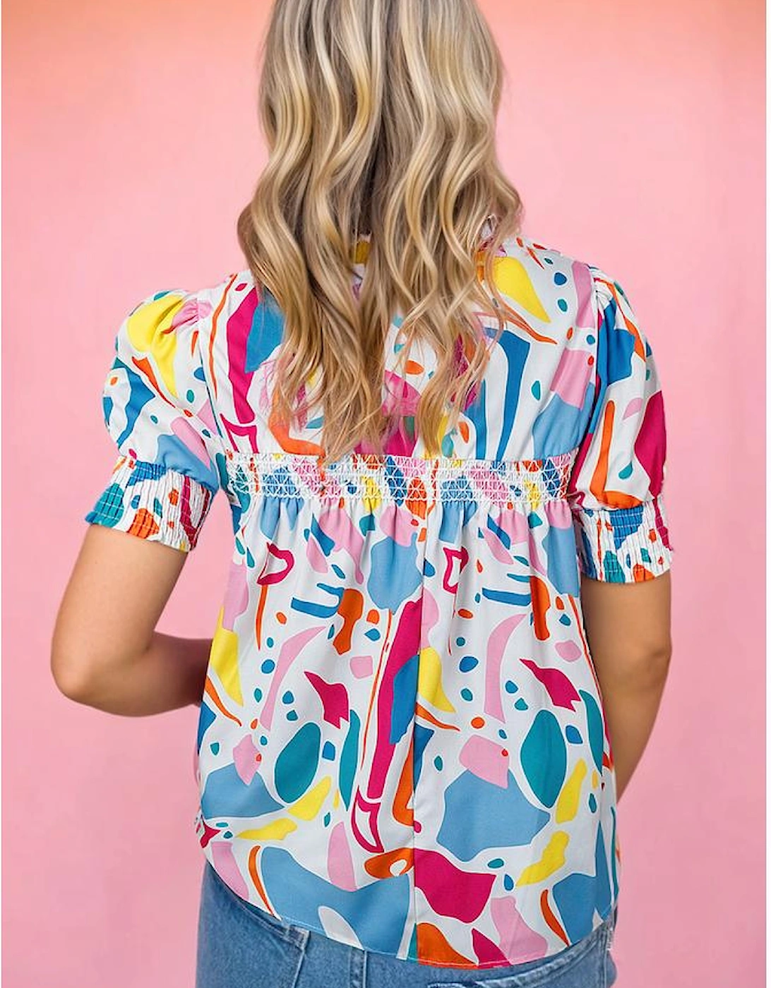 Multicolour Abstract Print Lace Detail Shirred Short Sleeve Split Neck Blouse