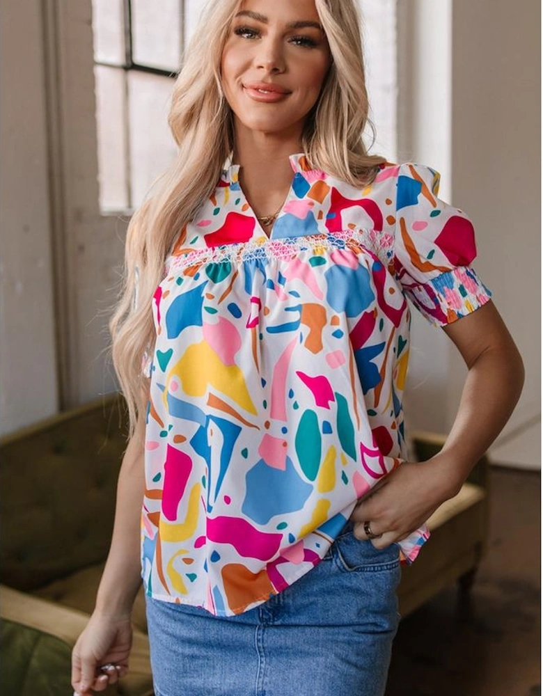 Multicolour Abstract Print Lace Detail Shirred Short Sleeve Split Neck Blouse