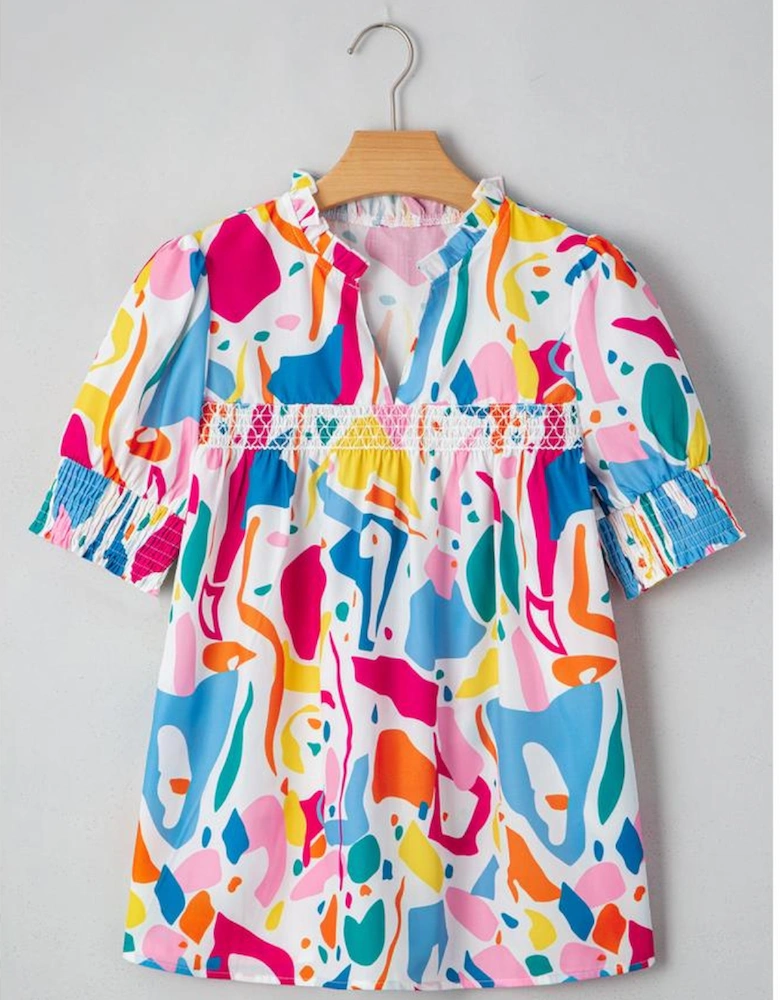 Multicolour Abstract Print Lace Detail Shirred Short Sleeve Split Neck Blouse