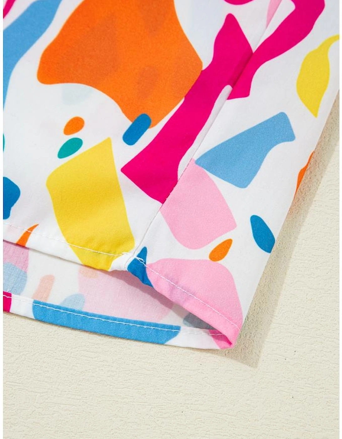 Multicolour Abstract Print Lace Detail Shirred Short Sleeve Split Neck Blouse