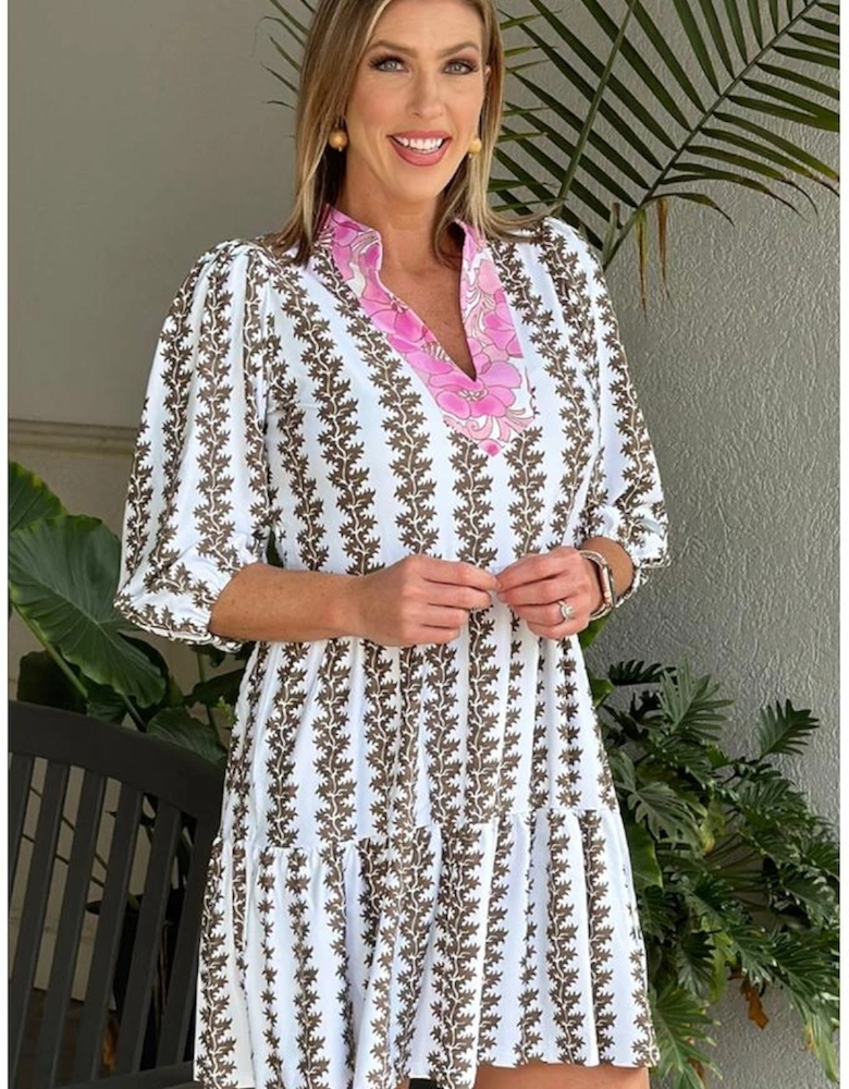 Black Contrast Floral V Neck Printed Bracelet Sleeve Dress