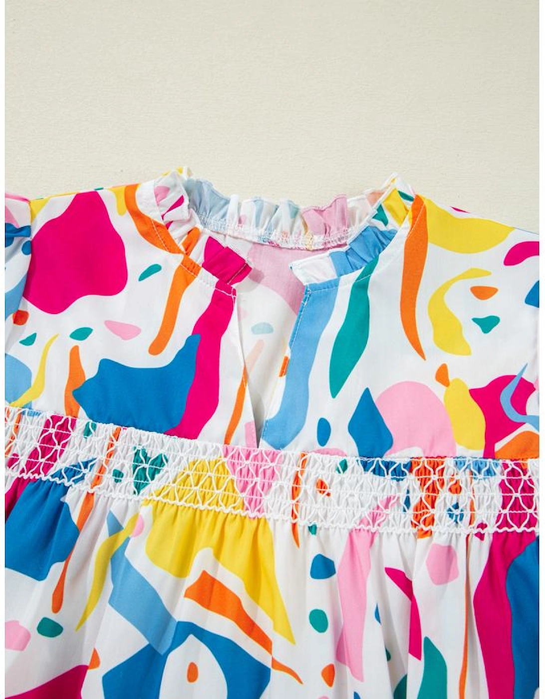 Multicolour Abstract Print Lace Detail Shirred Short Sleeve Split Neck Blouse