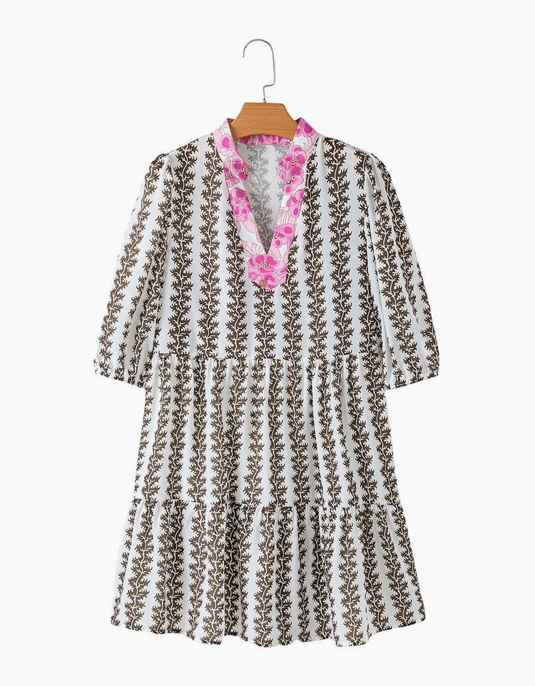 Black Contrast Floral V Neck Printed Bracelet Sleeve Dress