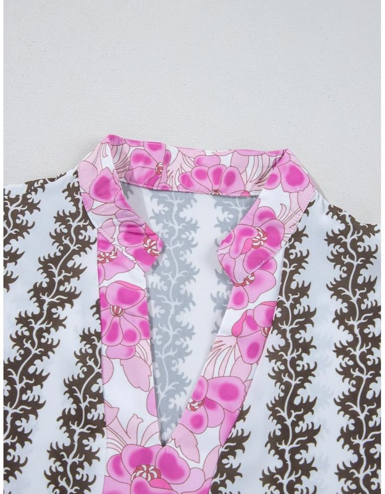 Black Contrast Floral V Neck Printed Bracelet Sleeve Dress