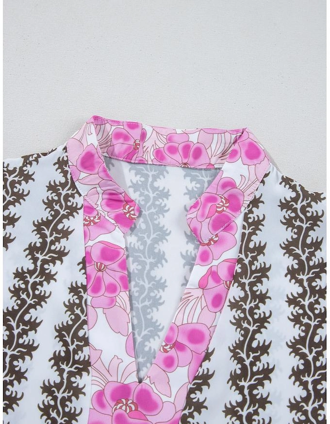 Black Contrast Floral V Neck Printed Bracelet Sleeve Dress