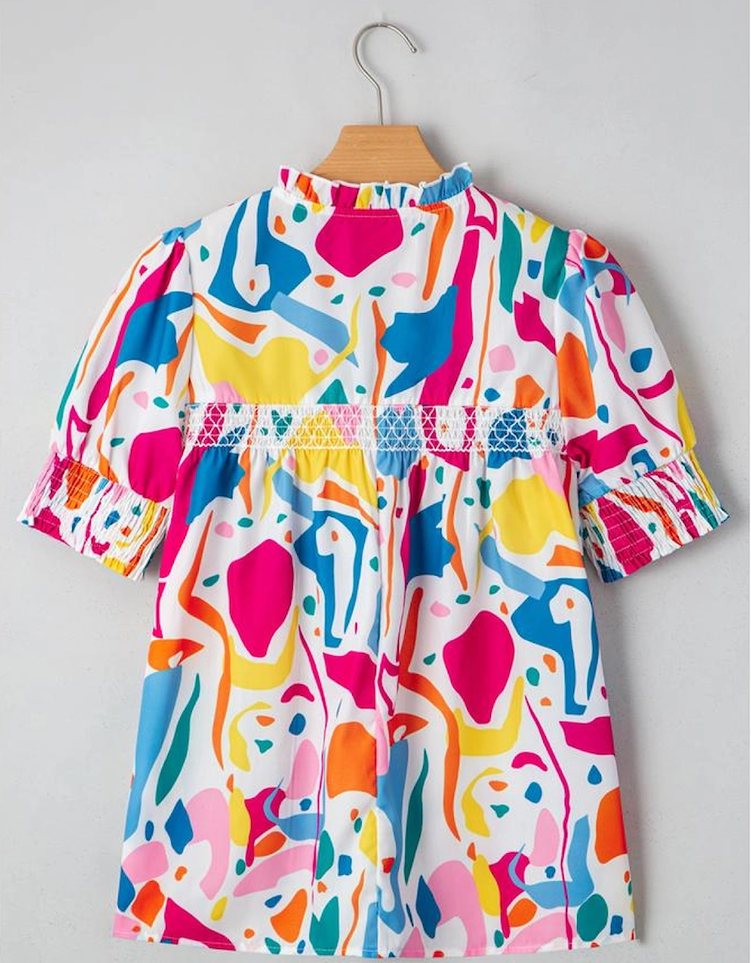 Multicolour Abstract Print Lace Detail Shirred Short Sleeve Split Neck Blouse