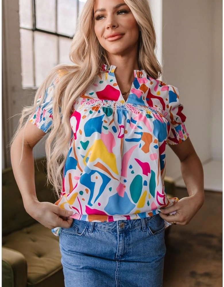 Multicolour Abstract Print Lace Detail Shirred Short Sleeve Split Neck Blouse
