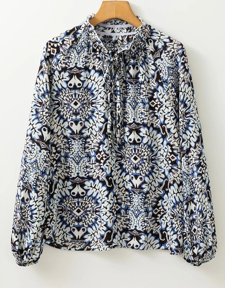 Blue Tribal Print Lace-up Frilled Neck Puff Sleeve Blouse